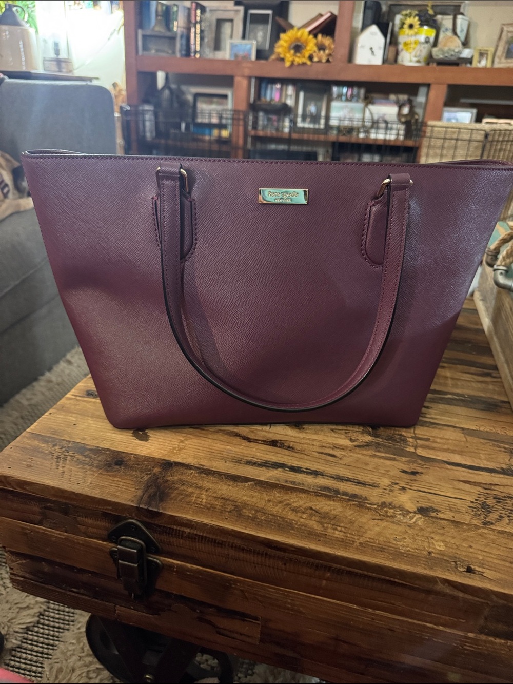 kate spade plum Saffiano leather tote with top handles